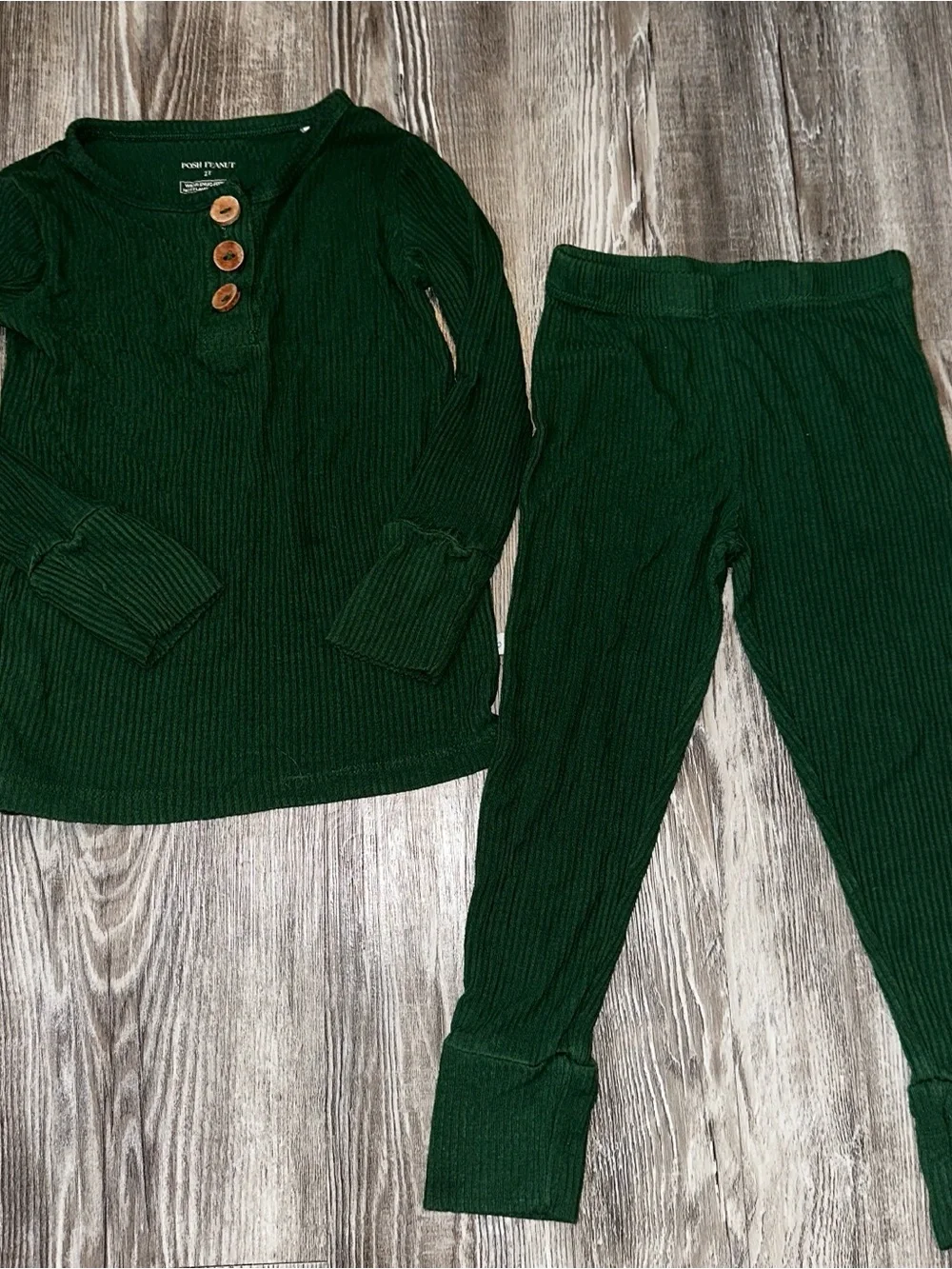 Posh Peanut Dark Green Ribbed Pajama Set with Wood Buttons